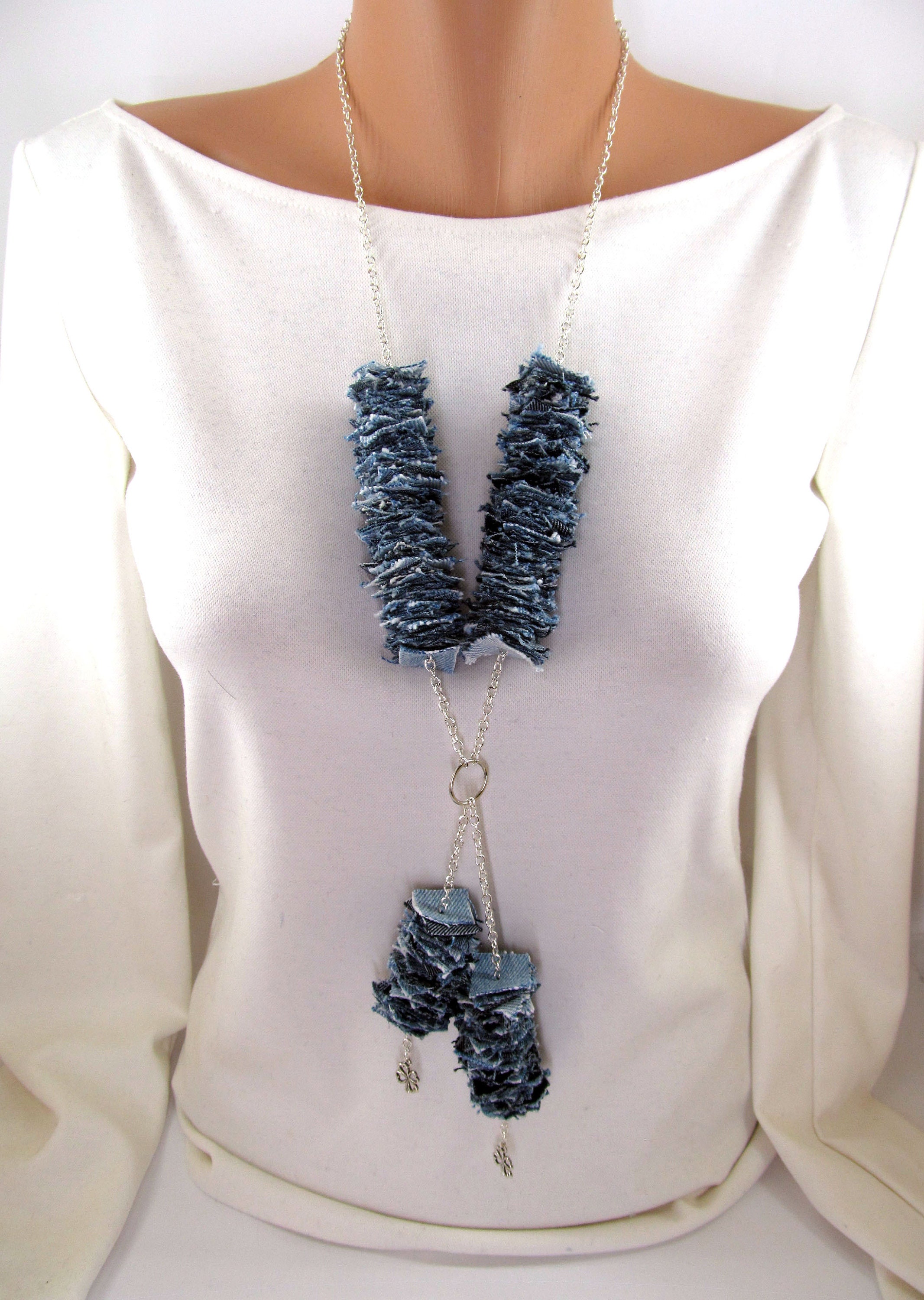 Denim necklace Braided Denim jewelry Scarf necklace Jeans Etsy