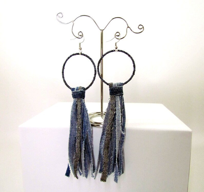 Denim Hoopla Fringe Earrings Denim Shredded Earrings Denim Etsy