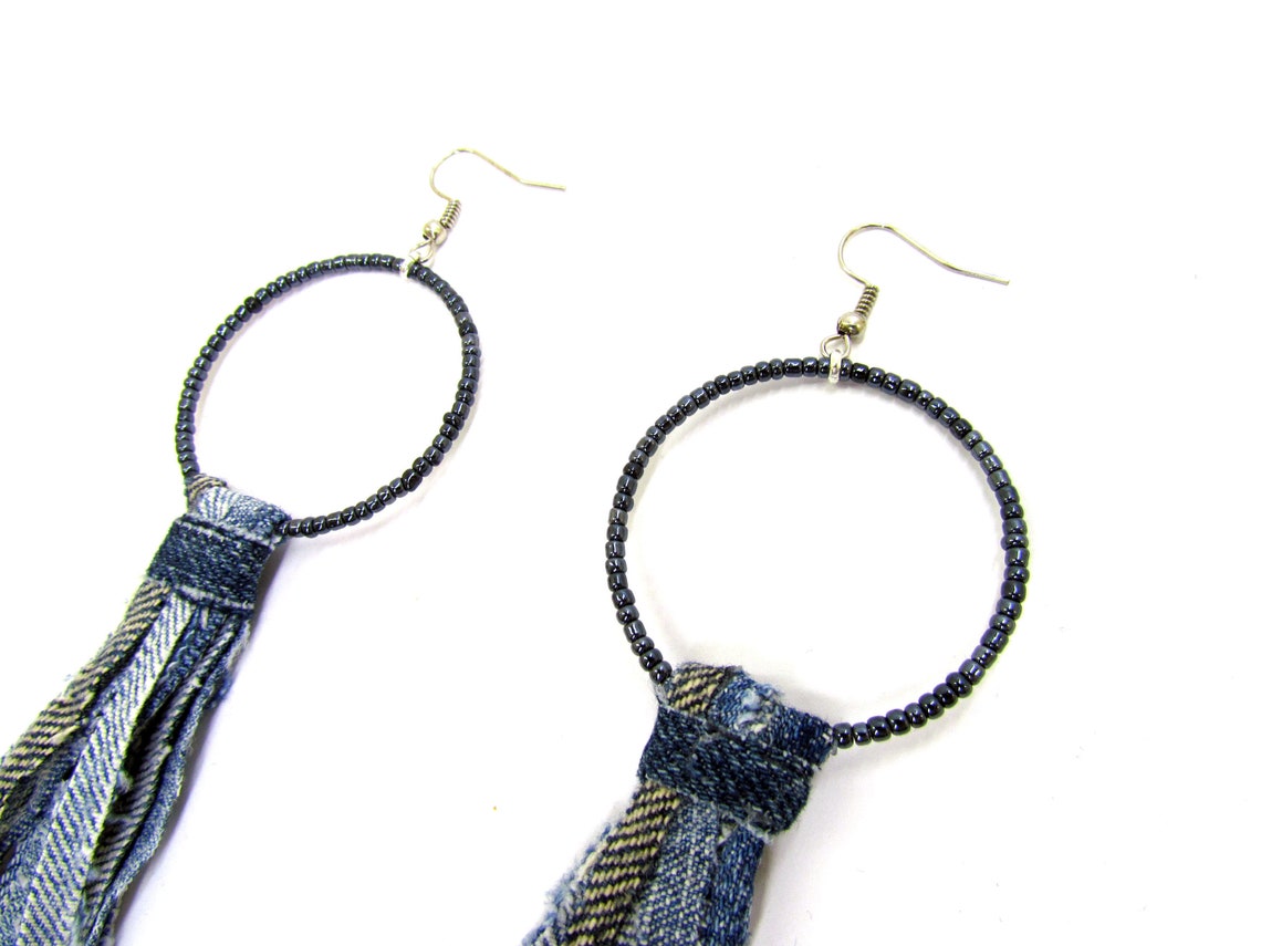 Denim Hoopla Fringe Earrings Denim Shredded Earrings Denim Etsy