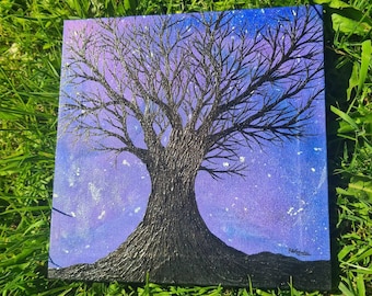 Peinture d'arbre de galaxie, peinture de ciel nocturne, peinture d'arbre de silhouette, peinture acrylique, peinture texturée, peinture de nuit étoilée, peinture d'arbre