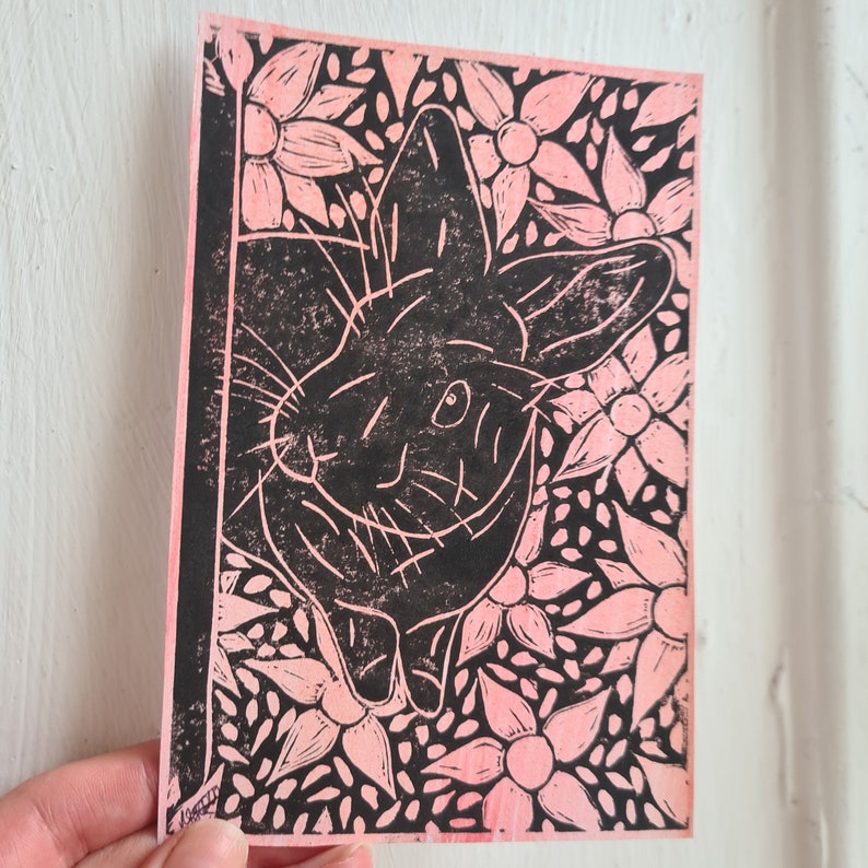 Impression Lino lapin, impression lapin curieux, impression lapin, art lapin, art lapin mignon, art lapin, art lapin mignon, impression lapin image 4