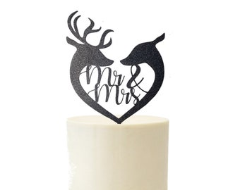 Mr and Mrs Buck and Doe Deer Heart Themed Wedding Cake Topper