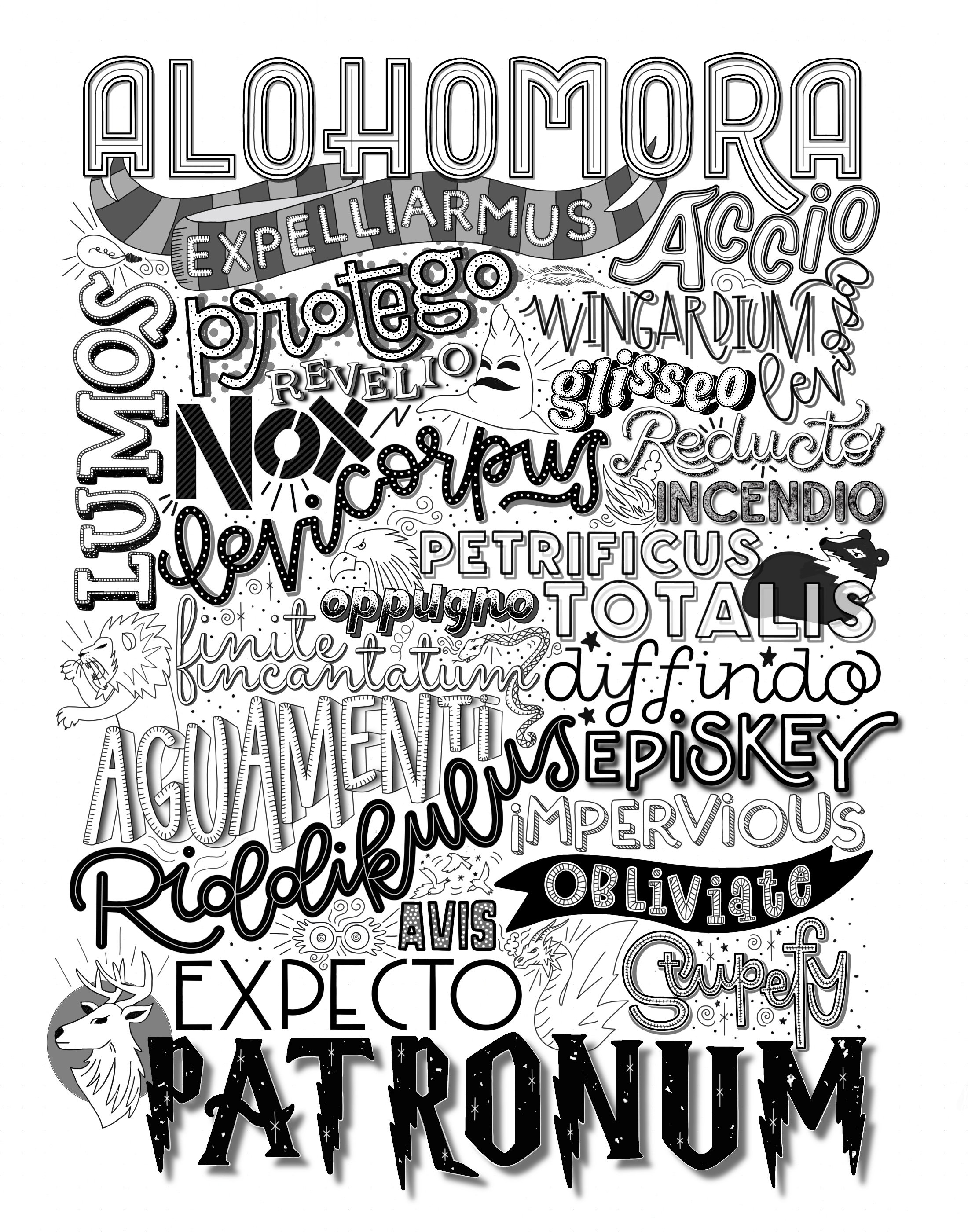 Hechizos de Harry Potter Blanco y Negro | Etsy