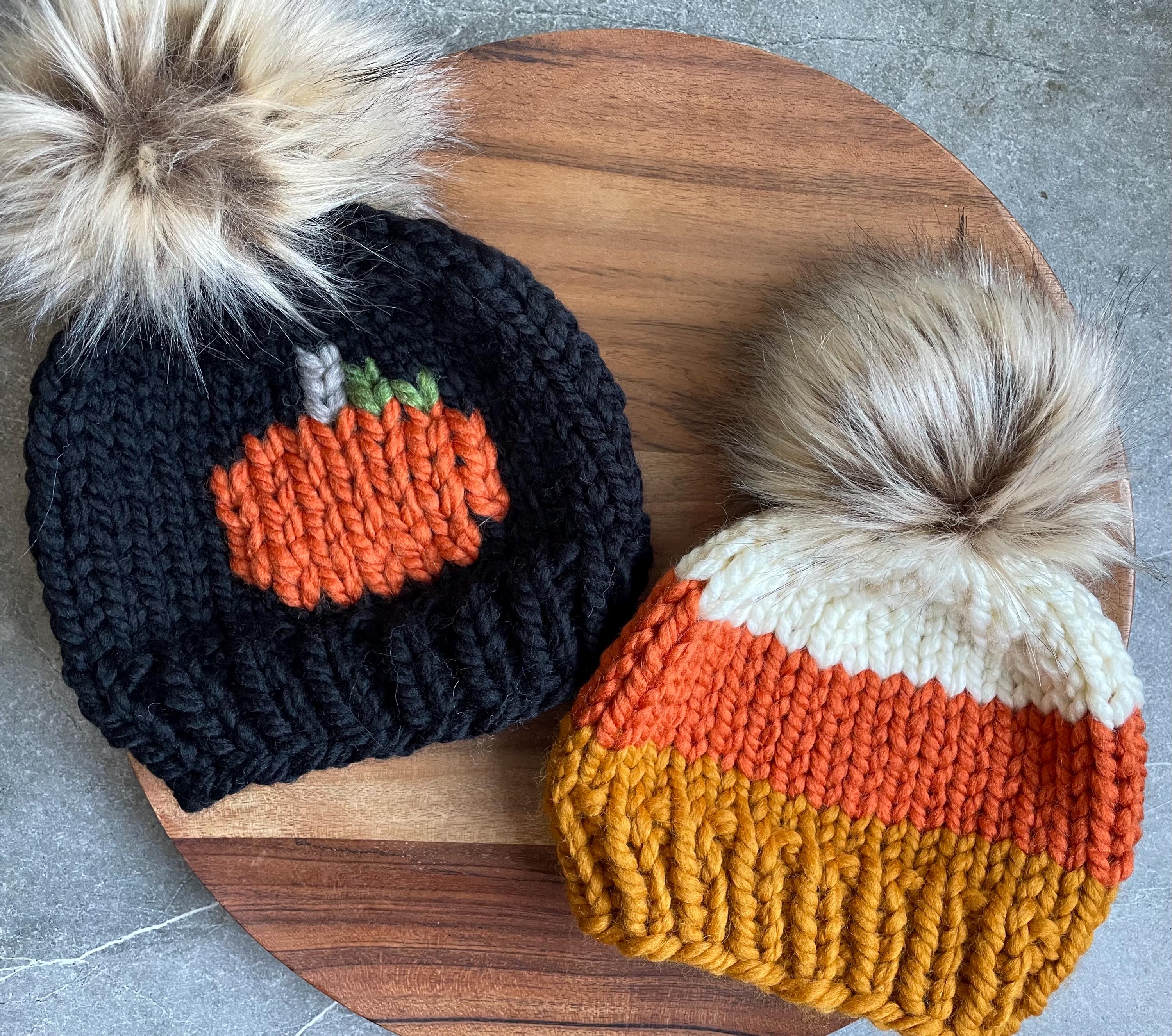 Hand Knit Pumpkin Beanie: Halloween Wool Blend Pom Pom Hat  display picture 2