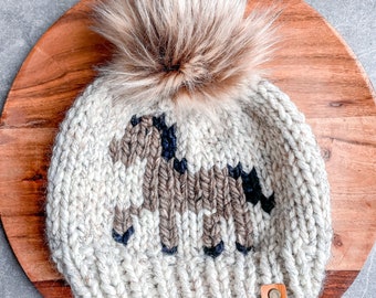 Women’s Knit Horse Beanie / Knit Hat / Horse Mom / Farm Wear / Homestead / Farmer Gift / Womens Gift / Pom Pom Hat / Wool Beanie/ Equestrian