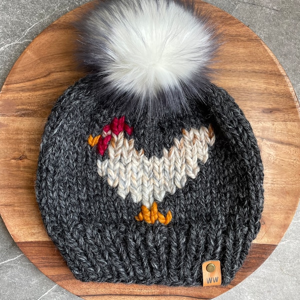 Women’s Knit Chicken Beanie / Knit Hat / Chicken Mom / Farm Wear / Homestead / Farmer Gift / Womens Gift / Pom Pom Hat / Wool Beanie