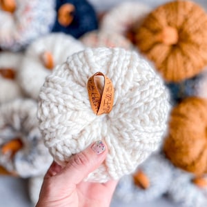 May include: White crocheted pumpkin with a brown leather tag that says "It's Fall Y'all".
