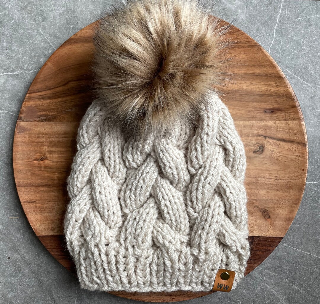 Cable Knit Beanie Pom Pom Beanie Knit Womens Beanie Braided Etsy