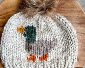 Women’s Knit Duck Beanie, Knit Hat, Duck Mom, Farm Wear,  Homestead, Farmer Gift, Womens Gift, Pom Hat, Wool Beanie, Mallard Duck, Hunter,4H