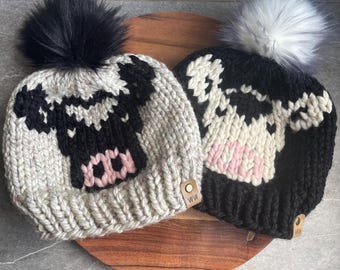 Women’s Knit Cow Beanie / Knit Hat / Cow Mom / Farm Wear / Homestead / Farmer Gift / Womens Gift / Pom Pom Hat / Wool Beanie/ Heifer/ Dairy