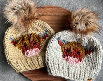 Women’s Knit Highland Coo Beanie / Knit Hat / Cow Mom / Farm Wear / Homestead / Farmer Gift / Womens Gift / Pom Pom Hat / Wool Beanie/ Steer