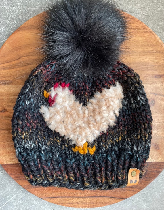 Women’s Knit Chicken Beanie , Knit Hat , Chicken Mom , Farm Wear, Homestead , Farmer Gift ,Womens Gift , Pom Pom Hat , Wool Beanie , Silkie