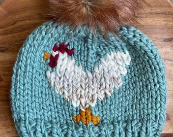 Women’s Knit Chicken Beanie / Knit Hat / Chicken Mom / Farm Wear / Homestead / Farmer Gift / Womens Gift / Pom Pom Hat / Wool Beanie