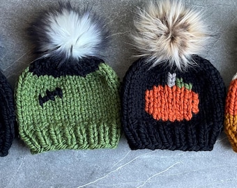 Gorro de Halloween tejido: mezcla de lana, pompón de piel sintética