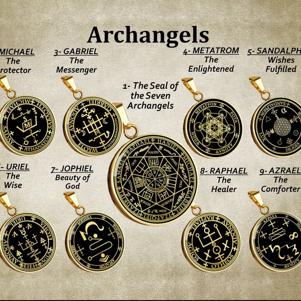 7 Archangels Sigil Necklace Archangel Pendant Angel Seal Jewelry Talisman Gold Silver Amulet Coin Medellin