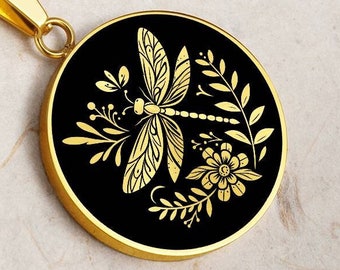 Dragonfly Necklace Floral Pendant Flower Jewelry Gold Silver Amulet Charm
