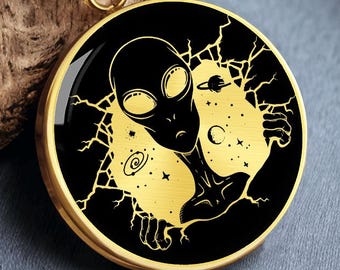 Collana aliena, ciondolo UFO, regalo spaziale, ciondolo in oro e argento, catena