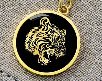 Gold Tiger Keychain Charm Gift Engraved Keyring
