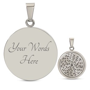 May include: A silver pendant with a round disc featuring a Hebrew inscription and a Star of David. The back of the pendant is blank and can be personalized with text. The text "Your Words Here" is engraved on the back of the pendant.