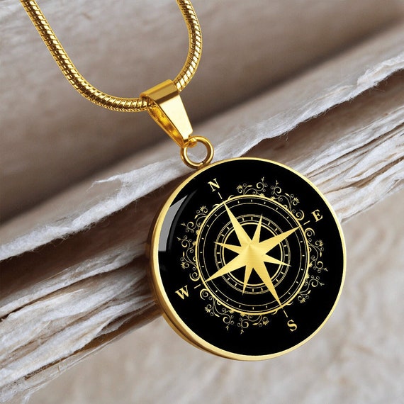 Engraved Compass Necklace With Semi-Precious Stone in 18K Gold Plating -  MYKA