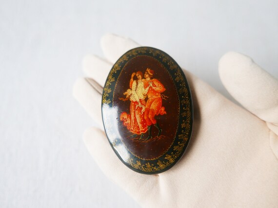 Vintage Russian Lacquer Brooch-Hand Painted-Signed