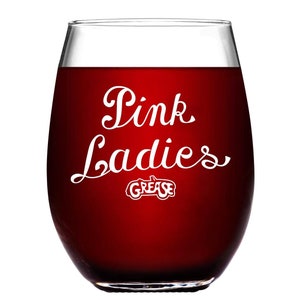 Copa de vino sin tallo Pink Ladies Grease con licencia oficial coleccionable premium grabada por películas en vidrio 15 onzas