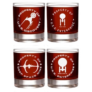 Star Trek “Property of” Set Of Four Rocks Glasses Special Edition In Universe™ Classic Line Premium Etched By Movies On Glass - 11 Ounces