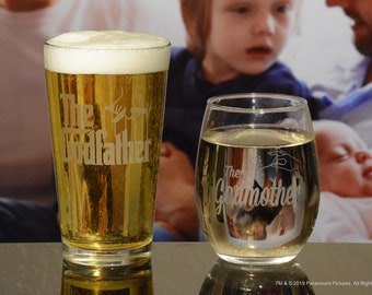 Godparent Proposal Gift Announcement Pint and Stemless Wine Glass Officially Licensed Collectible Etched Movies On Glass 16 Ounces