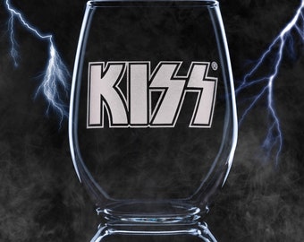 KISS: Sand Blasted Etched Logo Stemless Wine Glass