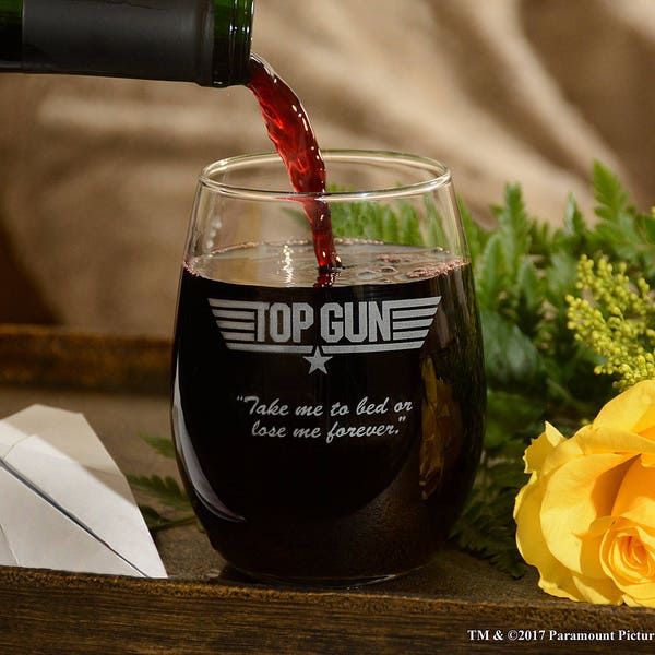 Top Gun Stemless Wine Glass With Quote,"Take Me To Bed Or..." Officially Licensed Collectible Premium Etched By Movies On Glass 15 Ounces