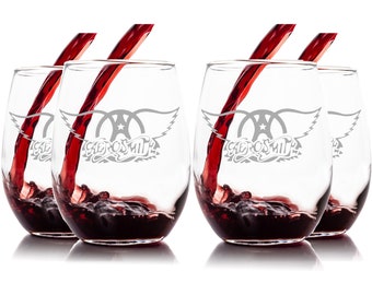 AEROSMITH: Stemless wine glass set of 4 - with Logo - Sand-blasted Etching
