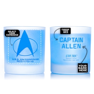 May include: Two blue frosted glass tumblers. The left tumbler features a blue Starfleet insignia with the text "U.S.S. ENTERPRISE NCC-1701-0". The right tumbler has the text "CHOOSE YOUR ROLE CAPTAIN ALLEN" and "STAR TREK™ Special Edition TM & © 2021 CBS ARR. YOUR NAME HERE".