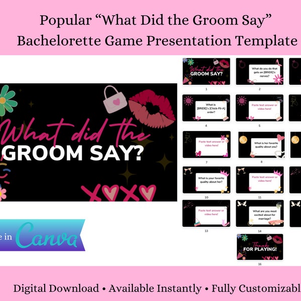 Black and Pink What Did the Groom Say? Interactive Bachelorette Party Game Template for Canva, Tiktok Game, Slide Show, Digital Download