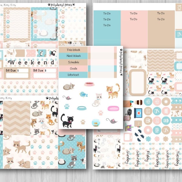 Kit de planification hebdomadaire Kitty Cat | Autocollants de planificateur sur le thème des chats | Erin Condren | Planificateur heureux | Planificateur de souvenirs