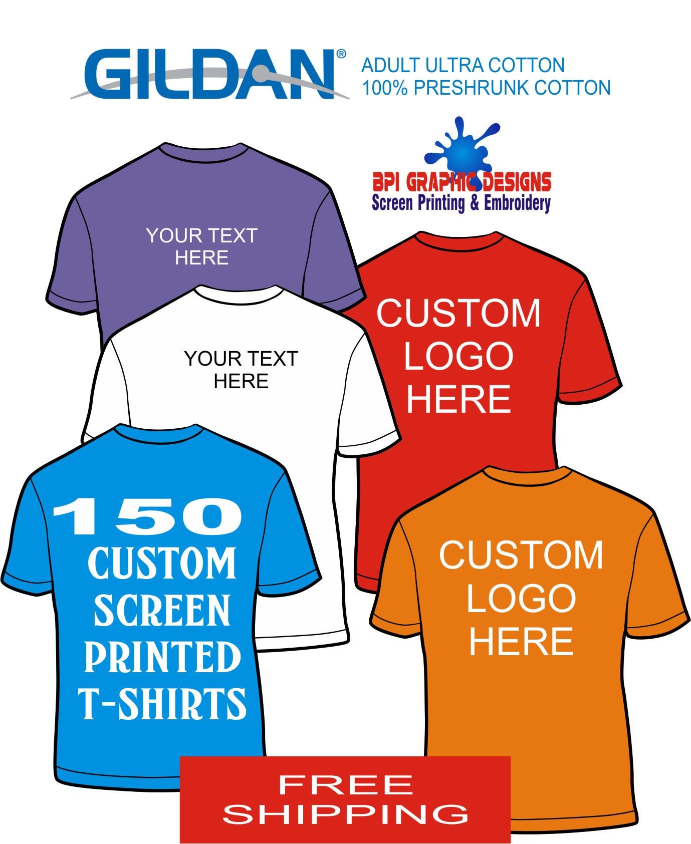 150 Custom Screen Printed Gildan Cotton T-shirts Quality Screen