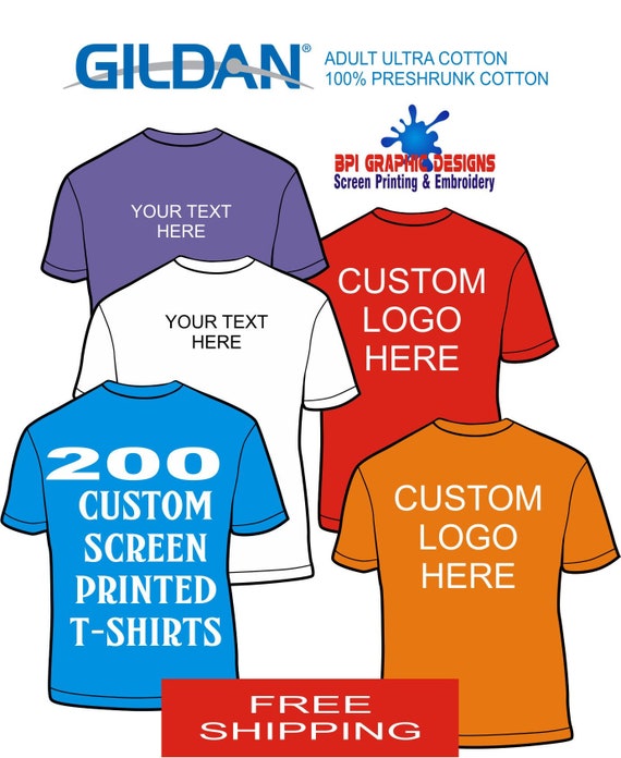 200 Custom Screen Printed Gildan Cotton T-shirts Quality Screen