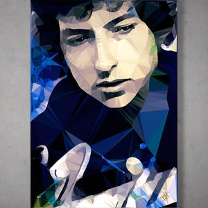 May include: A digital painting of a person's face in a blue, white, and black geometric style.