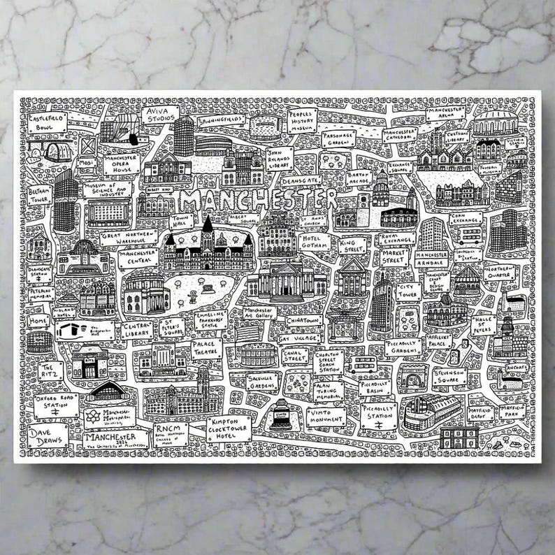 Manchester Names Manchester Map by Dave Draws - Archival Giclée Print - Etsy UK