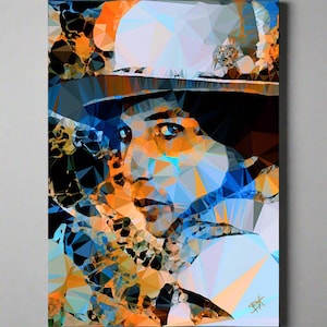 May include: A colorful, abstract portrait of a person wearing a white hat with a black brim. The person's face is partially obscured by the hat, but their eyes and mouth are visible. The background is a mix of orange, blue, and white.