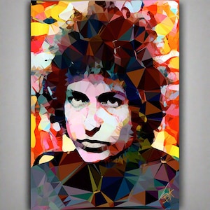 May include: A colorful, abstract portrait of a person with a geometric design. The portrait is made up of triangles in shades of red, orange, yellow, blue, green, and purple.