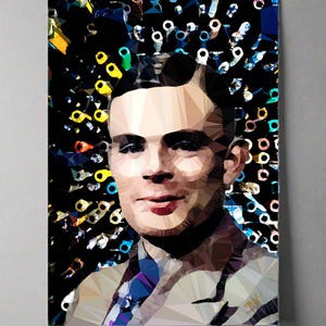 May include: A digital art portrait of a man with a geometric pattern background. The man is depicted in a low-poly style, with a colourful, abstract background.