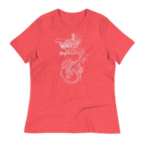 May include: A red women's t-shirt with a white outline of a dragon with a pearl in its mouth.