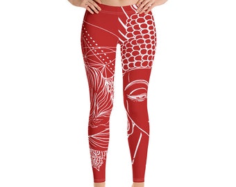 Buddha Yoga Pants, Yoga Leggings, Red, Leggings,  Pixie, yoga pants, buddha, Burning Man, Tights, festival clothing, Printed Leggings,