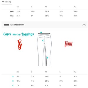 May include: Size guide for Capri (Mid-Calf) Leggings with measurements in inches. The chart shows waist and hip measurements in inches for sizes XS, S, M, L, and XL. A diagram shows the measurements for the inseam, rise, and length of the leggings.