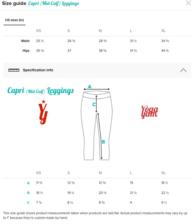May include: Size guide for Capri (Mid-Calf) Leggings with measurements in inches. The chart shows waist and hip measurements in inches for sizes XS, S, M, L, and XL. A diagram shows the measurements for the inseam, rise, and length of the leggings.