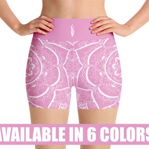 May include: Pink yoga shorts with a white mandala pattern. The shorts have a high waist and are made of a stretchy, comfortable fabric.  Available in 6 colors.