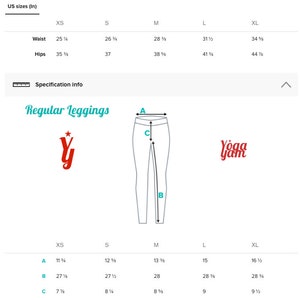 May include: Size chart for regular leggings in US sizes, showing waist and hip measurements in inches, and legging measurements in inches for XS, S, M, L, and XL sizes. The chart also includes a diagram of a pair of leggings with measurements labeled A, B, and C.