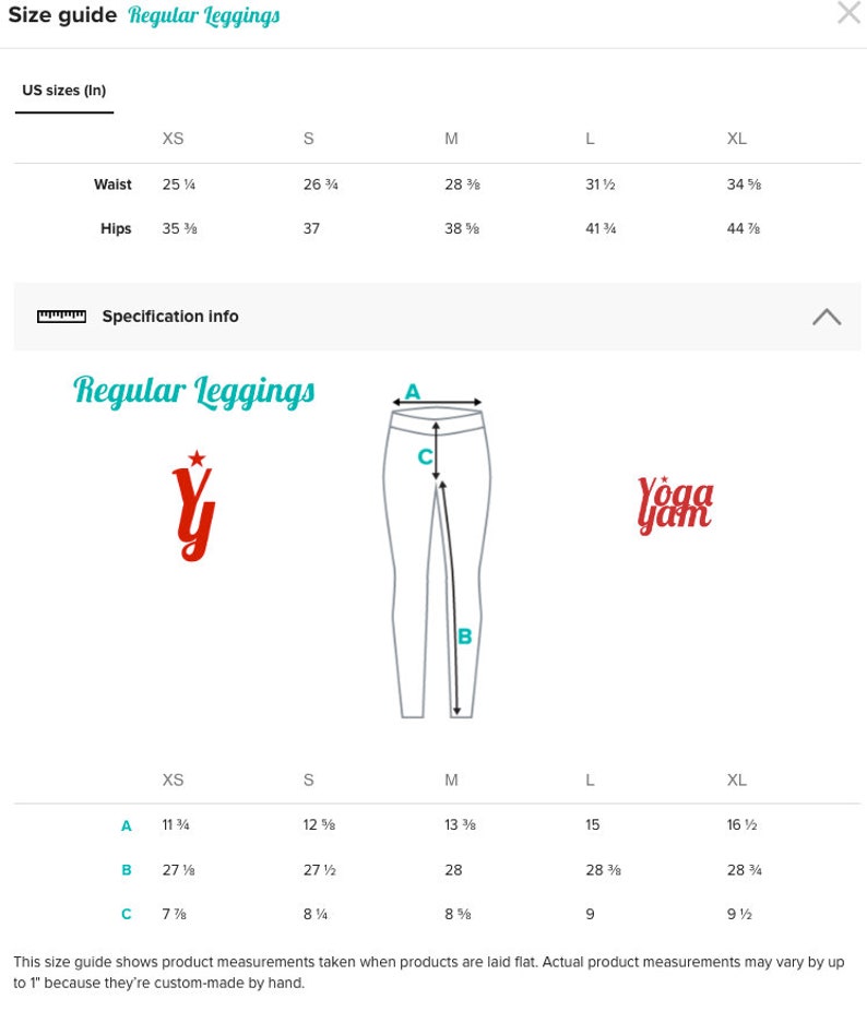 May include: Size chart for regular leggings in US sizes, showing waist and hip measurements in inches, and legging measurements in inches for XS, S, M, L, and XL sizes. The chart also includes a diagram of a pair of leggings with measurements labeled A, B, and C.
