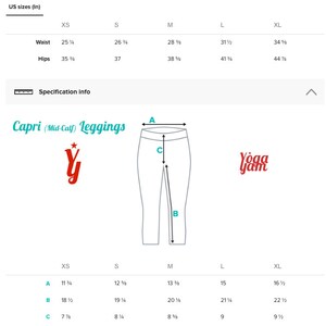 May include: Size guide for Capri (Mid-Calf) Leggings with measurements in inches. The chart shows waist and hip measurements in inches for sizes XS, S, M, L, and XL. A diagram shows the measurements for inseam, rise, and length in inches for each size.
