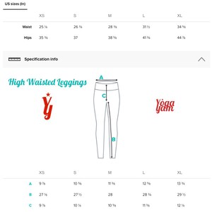 May include: Size chart for high-waisted leggings in sizes XS to XL. Measurements are shown in inches for waist, hips, inseam, and length. The chart includes a diagram of the leggings with labels for each measurement.